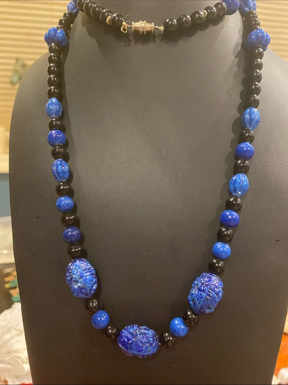Blue and Black Stone/Ceramic Beaded Necklace - Designer Strand